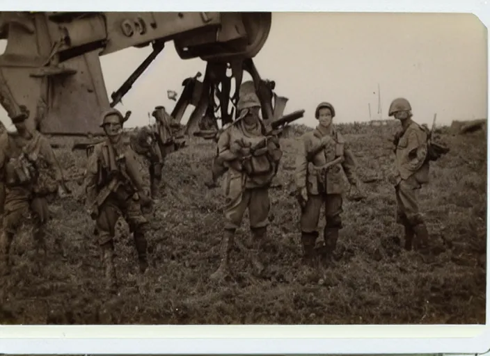 Image similar to found polaroid picture of a world war two 2 legs mech war machine and us soldiers