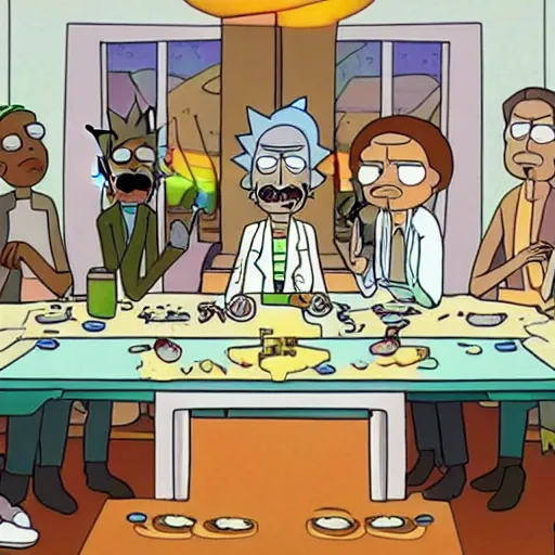 Image similar to rick and morty tv show characters in the last supper