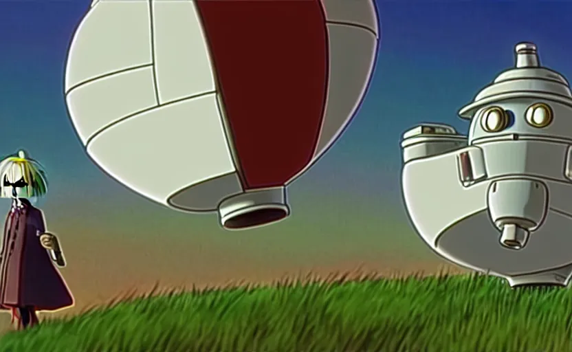 Image similar to a cell - shaded cartoon movie still from howl's moving castle ( 2 0 0 4 ) of a chrome ufo. very dull muted colors, hd, 4 k, hq