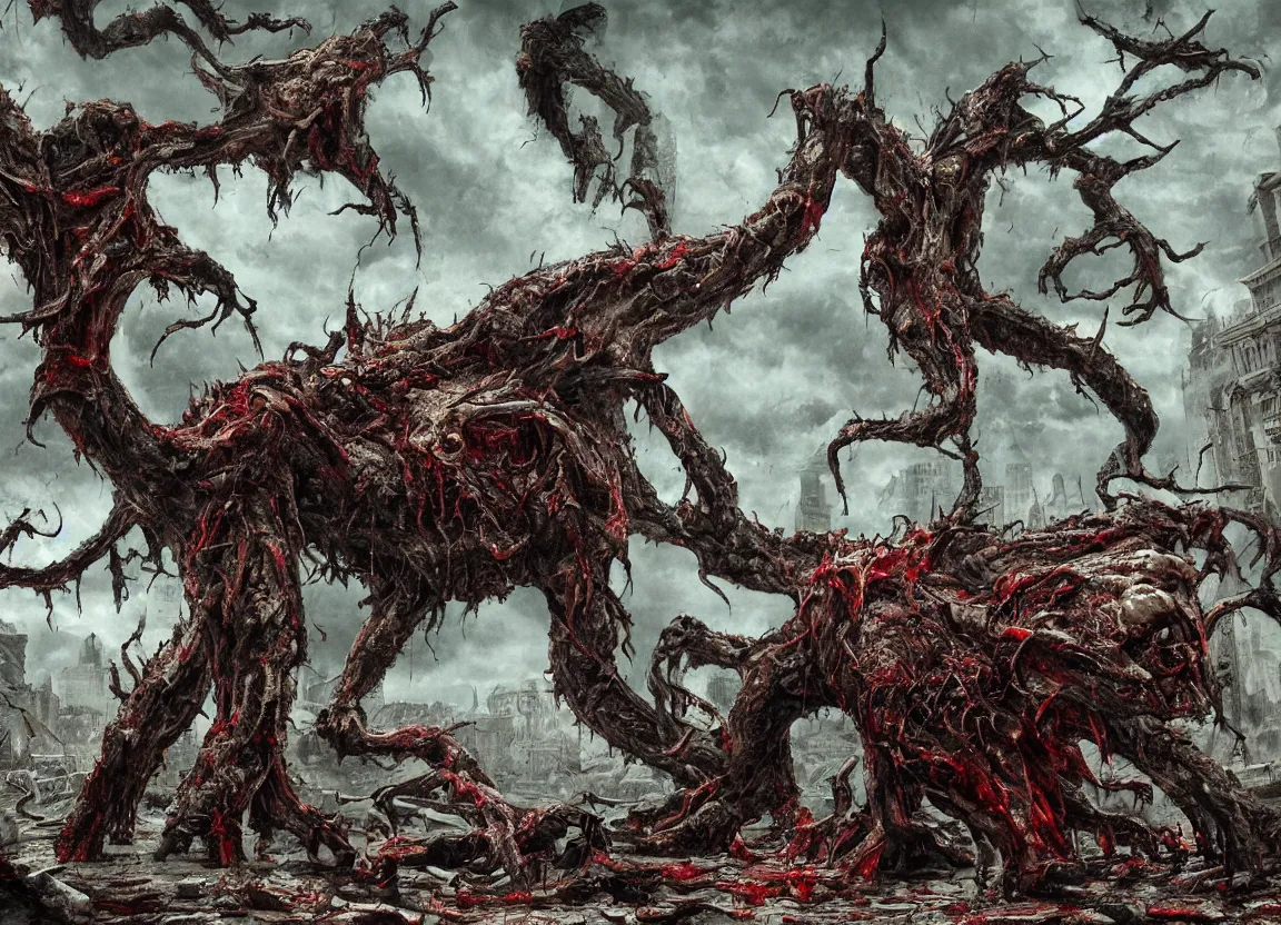 Image similar to Giant fanged limb monster walks in the road of the ruined city. Drops of blood and meat with veins on the road. Dark colors, high detail, hyperrealism, horror art, intricate details, masterpiece, biopunk, body-horror