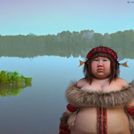 Image similar to spectacular ancient little fat girl with fur cloth, standing on the edge of the beautiful lake. clear beautiful fat face. morning time. an amazingly beautiful scene. beautiful lighting, 4 k post - processing, trending in art station, cg society, highly detailed, 5 k extremely detailed, 3 d. cinematic scene.