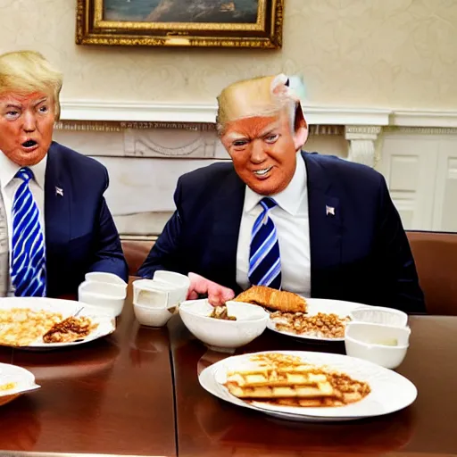 Prompt: photograph of trump and Biden sitting and eating breakfast at a Wafflehouse