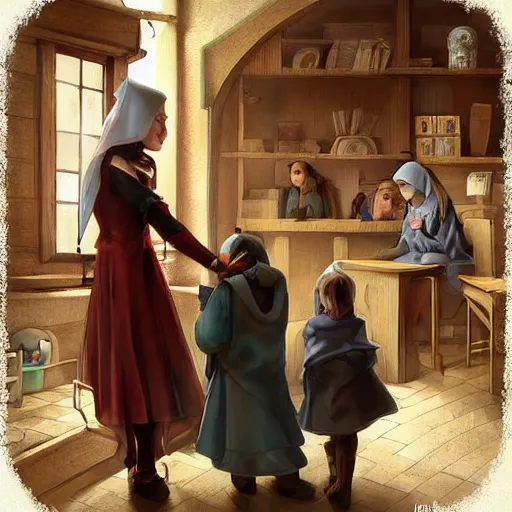 medieval nurse attending kids in the doctor ’ s | Stable Diffusion