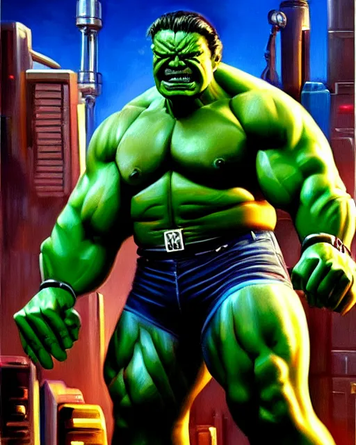 Image similar to hyperrealistic oil painting of cyberpunk mechanical hulk as stan lee, stan lee as a muscular hulk