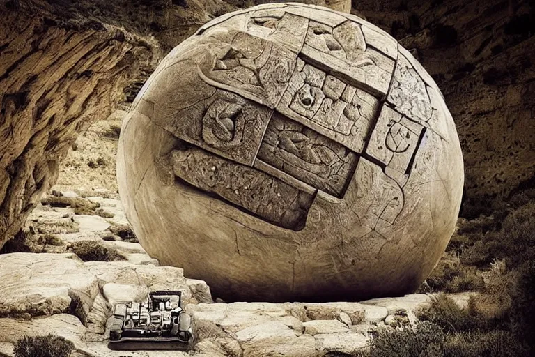 Prompt: old photograph of a gigantic paleolothic sphere made of stone with highly detailed carvings of intricate shamanic robotic electronics and circuits, in a mediterranean lanscape, inside a valley overlooking the sea, by michal karcz, mediterranean island scenery, mediterranean vista