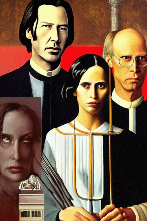 Image similar to painting of Keanu Reeves and Lady Gaga as the couple in American Gothic in the style of Grant Wood