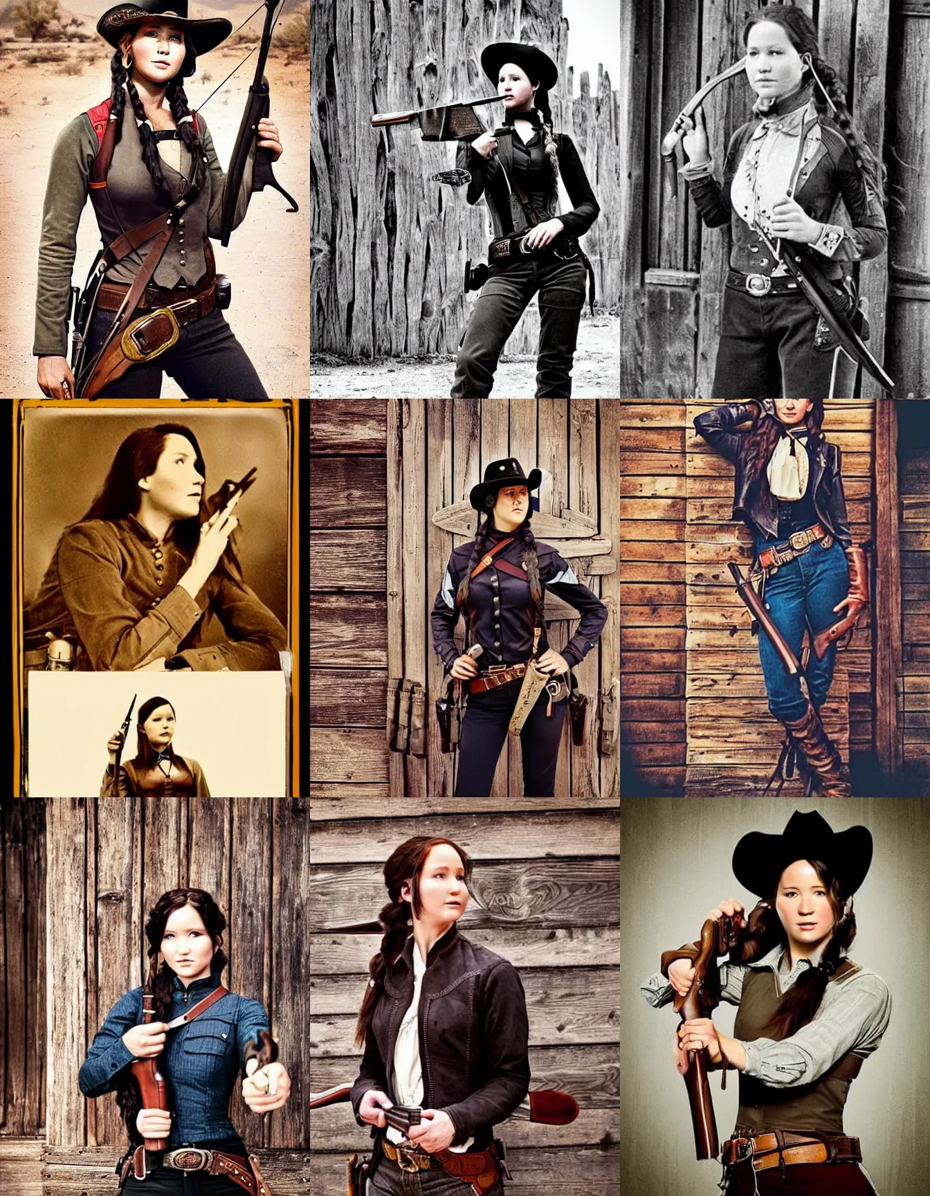 Prompt: portrait photo of ( ( ( ( ( ( ( ( ( ( katniss everdeen ) ) ) ) ) ) ) ) ) ) ) as a wild west cowgirl!!!!!!!!!!, holding a revolver, outside a saloon, in a wild west town