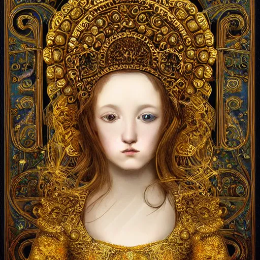 Prompt: a beautiful girl made of ivory and gold, highly intricate, digital art, very detailed, in the style of a weird and dark art noveau flemish painting