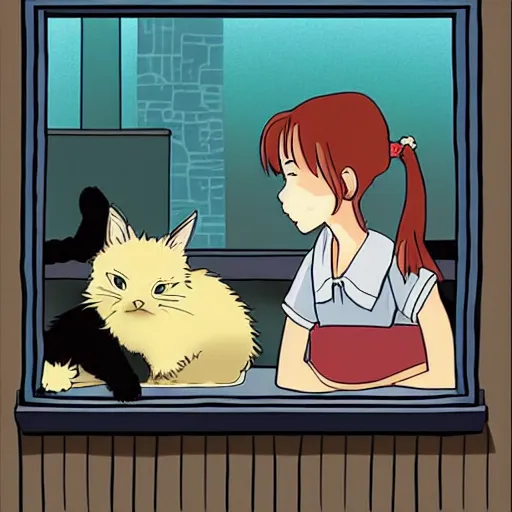 Image similar to “studio ghibli style illustration of a black cat sleeping on a window next to a blonde girl”