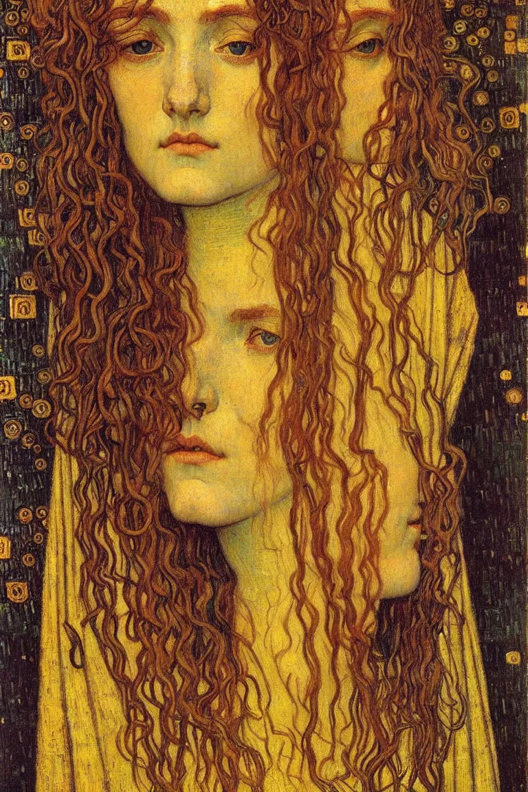 Image similar to detailed realistic beautiful young medieval queen face portrait by jean delville, gustav klimt and vincent van gogh, art nouveau, symbolist, visionary, gothic, pre - raphaelite, muted earthy colors, desaturated