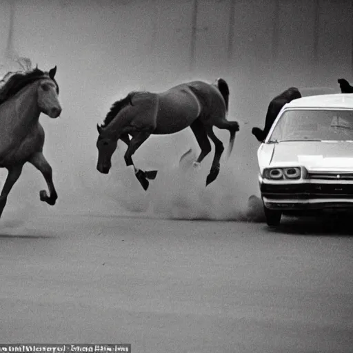 Image similar to horses racing against cars in a heated race in 1975, shot from a Pulitzer winning photography