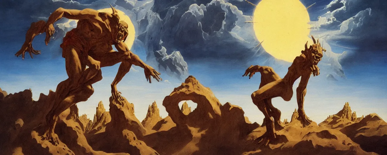 Image similar to solitude of laborious hunchback Sand Deity, under surreal catastrophic sky, in the style of Frank Frazetta, Jeff Easley, Caravaggio, extremely clear and coherent, clear lines, 8K resolution