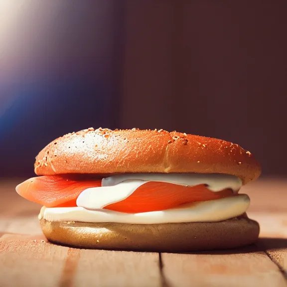 Image similar to cream cheese smoked salmon bagel, splash art, movie still, cinematic lighting, dramatic, octane render, long lens, shallow depth of field, bokeh, anamorphic lens flare, 8 k, hyper detailed, 3 5 mm film grain