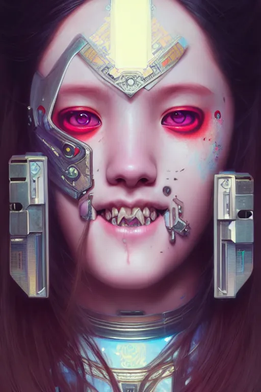 Image similar to portrait painting of olivia hye loona cyberpunk samurai smiling, ultra realistic, concept art, intricate details, eerie, highly detailed, photorealistic, octane render, 8 k, unreal engine. art by artgerm and greg rutkowski and magali villeneuve and alphonse mucha