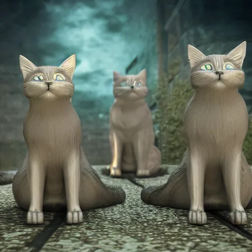 Image similar to a magical 3 headed cat guarding the gates of hell, cinematic, award winning cg render