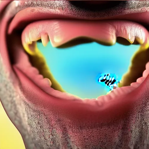 Image similar to photograph of bees crawling out of a smiling mans mouth, 8k resolution, high detail, ULTRA REALISTIC VFX, reflections