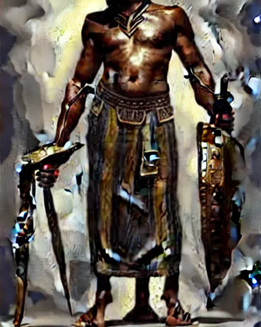 Image similar to concept art by anders zorn and craig mullins depicting djimon hounsou as a tall and very lean temple guard dressed in ancient egyptian decorative armor, flowing robes, harem pants, and leather strapped sandals