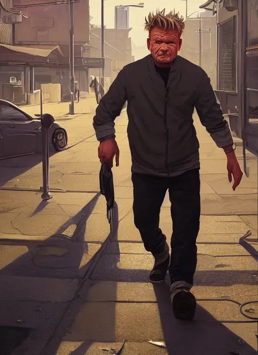 Image similar to Highly detailed full-body portrait of homeless Gordon ramsay, in GTA V, Stephen Bliss, unreal engine, fantasy art by Greg Rutkowski, Loish, Rhads, Makoto Shinkai and Lois van baarle, ilya kuvshinov, rossdraws global illumination, radiant light, detailed and intricate environment