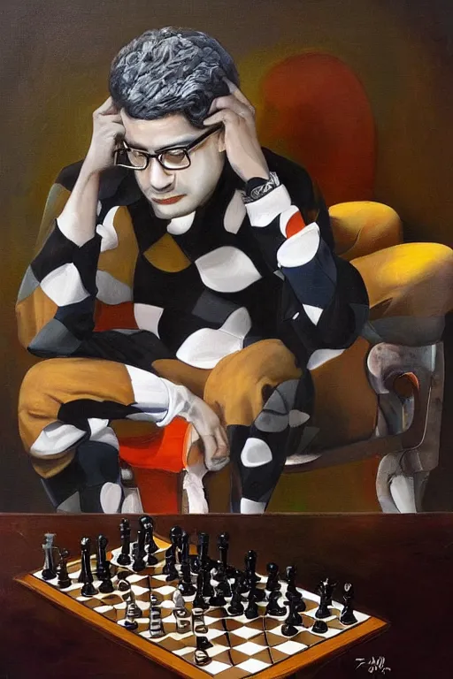 Prompt: a painting of anish giri as chess theoretician pondering over a chess board, a surrealist painting by james jean, trending on cgsociety, pop surrealism, angular