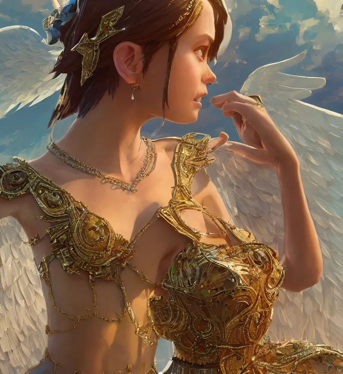 Image similar to centered waist up portrait of an angel wearing an incredible dress with jewelry, bokeh + DOF + 8k, photorealistic + rendered in octane + ultra realistic + backlit + strong rim light + HDRI, HD, by rossdraws, ghibli, breath of the wild, greg rutkowski, trending on artstation