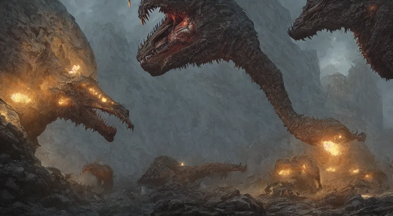 Image similar to indistinct glowing prehistoric beasts surrounded by slate grey walls, insane details, dramatic lighting, unreal engine 5, concept art, greg rutkowski, james gurney, johannes voss, hasui kawase.