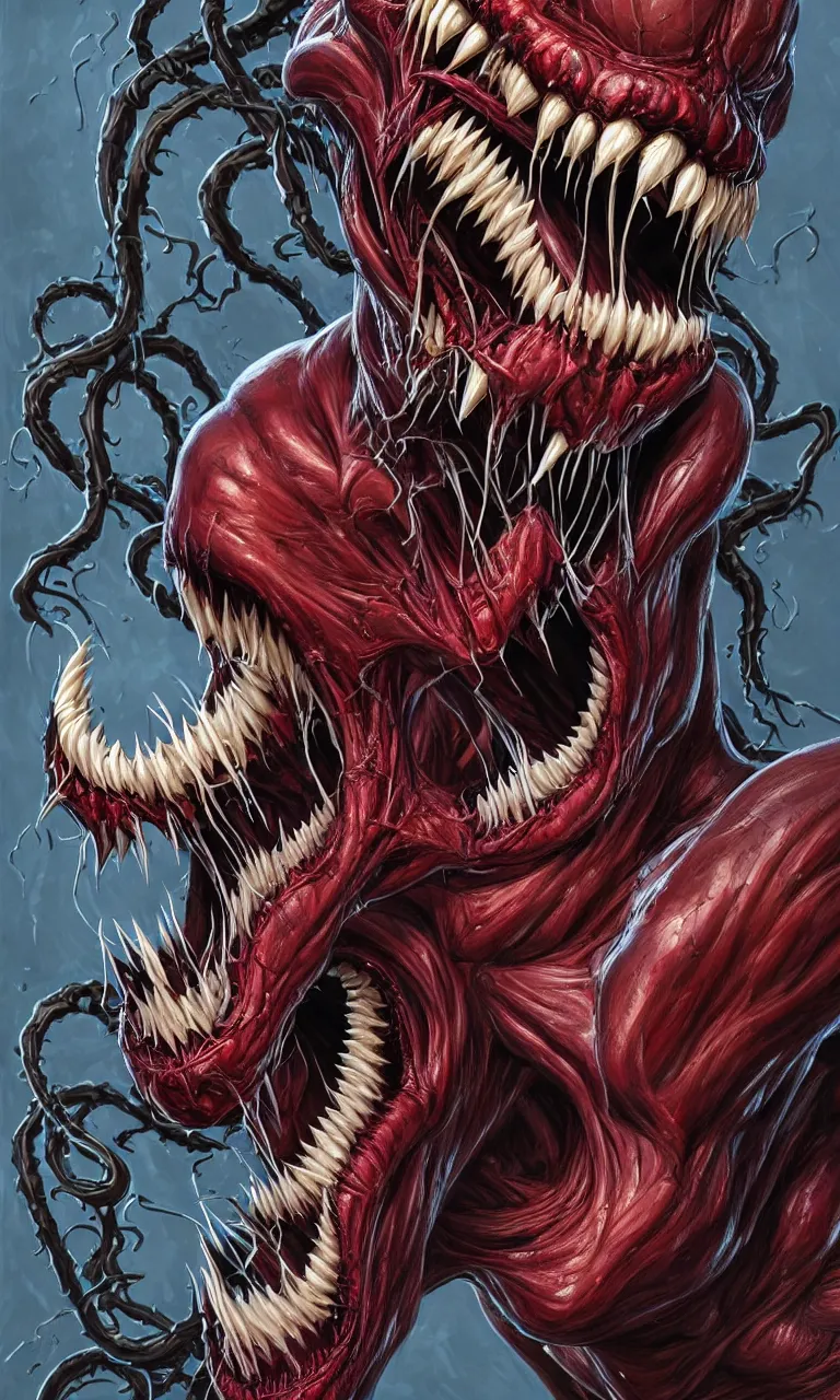 Image similar to hyper realistyc anatomically acurate full body long shot venom from marvel comics!!!!, large mouth with teeth, lovecraftian horror, fantasy, intricate, elegant, highly detailed, digital painting, artstation, concept art, matte, sharp focus, illustration, art by glenn fabry