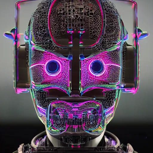 Image similar to a glossy claymodel of a futuristic robot head, top of the head is made of gears and multicolored glowing tubes, glowing digital eyes, 8 k, front shot, symetrical, flourescent colors, halluzinogenic, multicolored, insanely detailed, 3 d render, octane