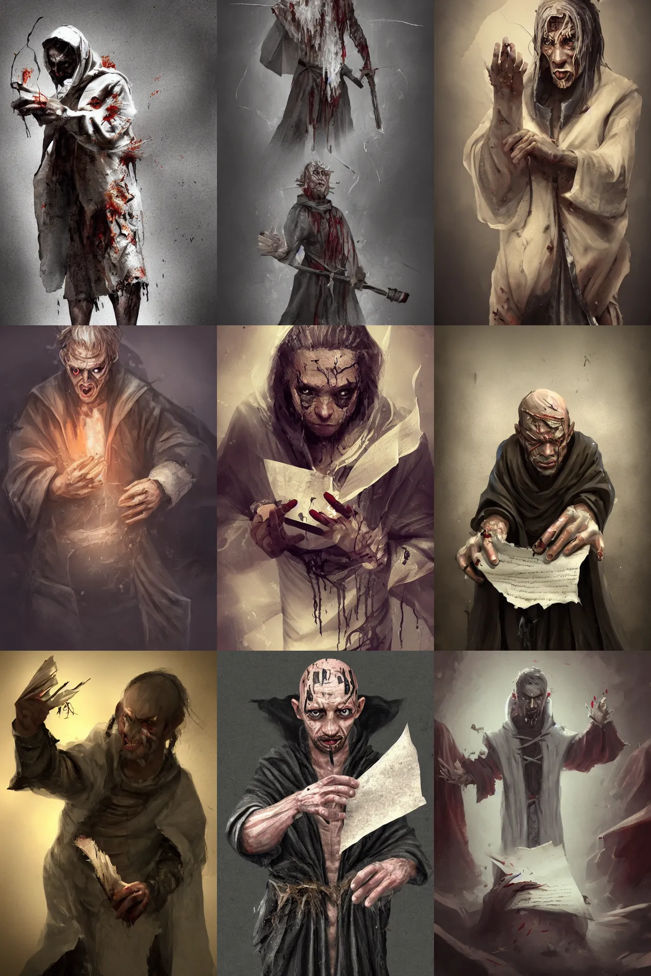 Prompt: A deranged tiny filthy man wearing long dark damaged ripped robes showing a magic paper scroll, camera looking down upon, long fingernails, unclipped fingernails, sharp fingernails, focus on face, sharp focus, digital painting, trending on artstation, concept art, fantasy, medieval