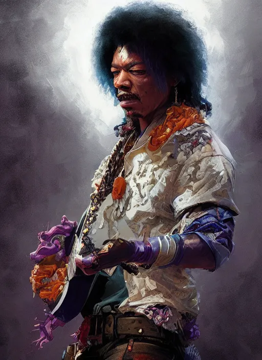 Image similar to Portrait of Jimmy Hendrix, marvel comics, dark, intricate, highly detailed, smooth, artstation, digital illustration by Ruan Jia and Mandy Jurgens and Artgerm and Wayne Barlowe and Greg Rutkowski and Frank Frazetta