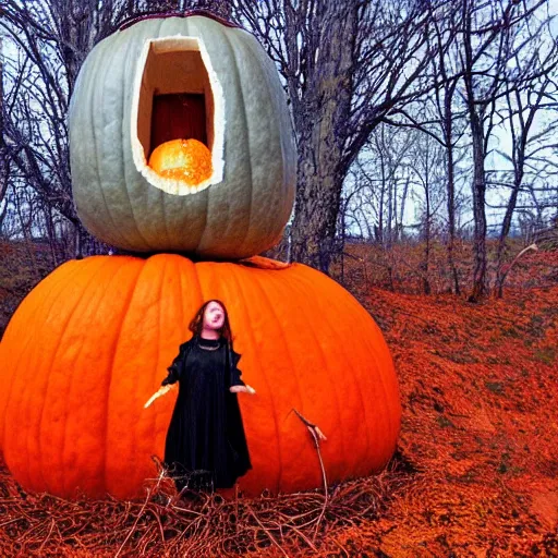 Prompt: A land art. A rip in spacetime. Did this device in her hand open a portal to another dimension or reality?! pumpkin orange by Richard Doyle, by Don Maitz sinister, ornate