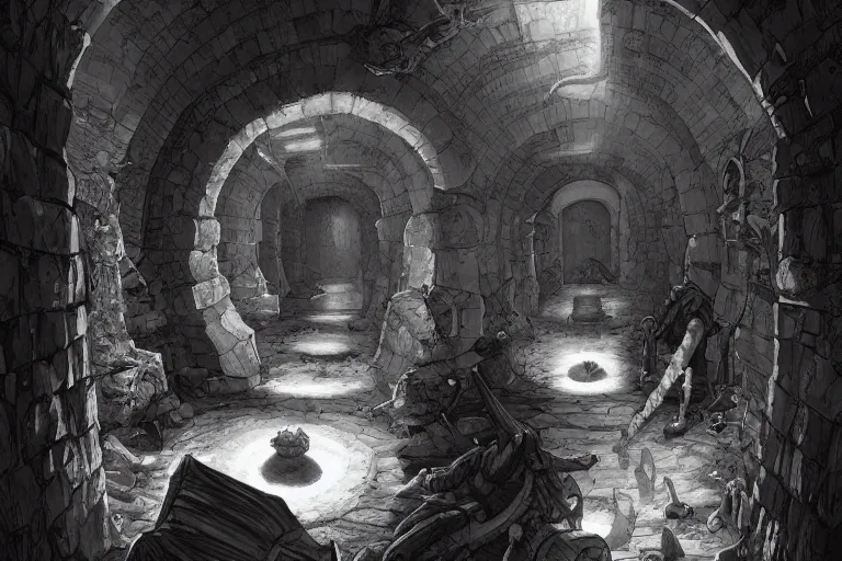 Image similar to black and white one point perspective meadhall dungeon cozy fantasy dungeon hallway view with pit in the middle of the ground by artgerm and Craig Mullins, James Jean, Andrey Ryabovichev, Mark Simonetti and Peter Morbacher 16k