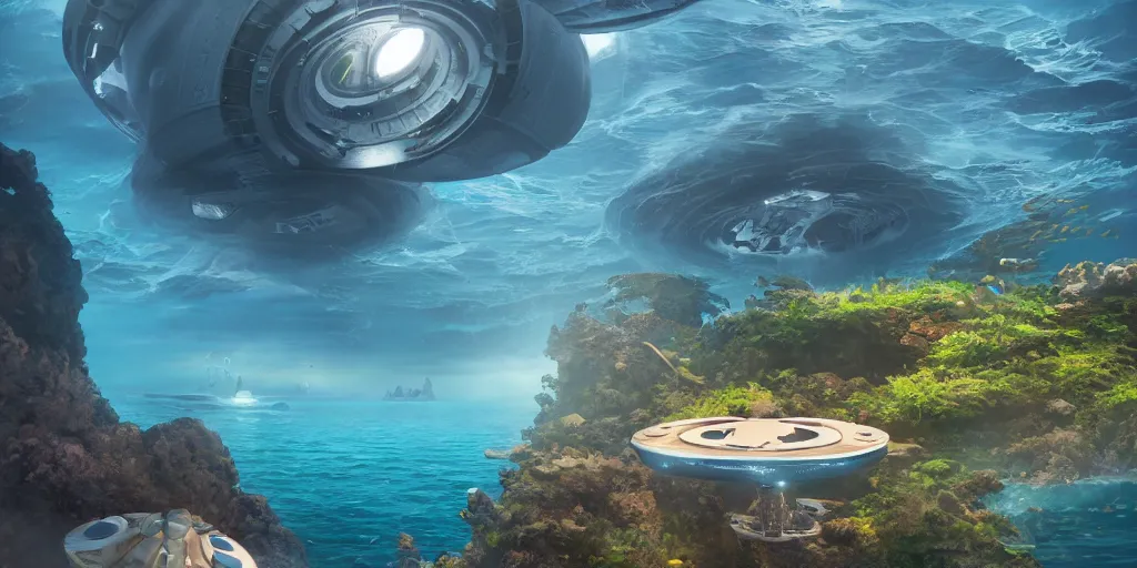 Prompt: circular floating ocean settlement, low angle view, fusion of subnautica and star trek, by noriyoshi ohrai, soft natural volumetric lighting, beautifully detailed 4 k octane render, 4 k post processing