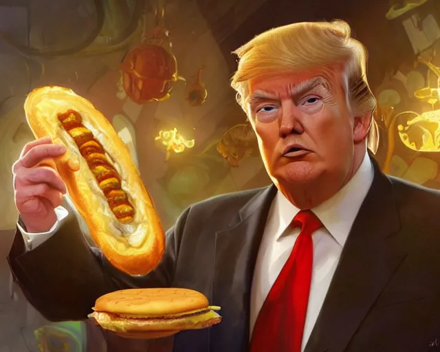 Image similar to donald trump licking a cheeseburger, deep focus, fantasy, intricate, highly detailed, digital painting, artstation, concept art, matte, sharp focus, illustration, hearthstone, art by artgerm and greg rutkowski and alphonse mucha