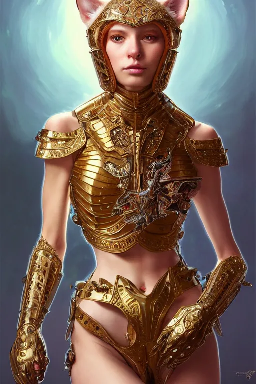 Image similar to body portrait of anthropomorphic cat princess wearing beautiful armor, by terry o'neill intricate, elegant, highly detailed, digital painting, glistening skin, artstation, concept art, smooth, sharp focus, natural lighting, bright colors, natural, illustration, art by artgerm and greg rutkowski and alphonse mucha, 8 k