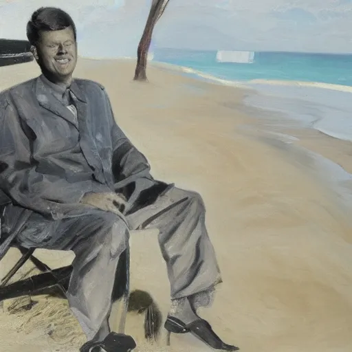 Image similar to portrait of john f kennedy, wrinkled, grey hair, handsome, hawaiian shirt, sitting in chair, landscape of nantucket beach, dunes, ocean, bluff, oil on canvas by william sidney mount - 1 9 8 2, trending on artstation