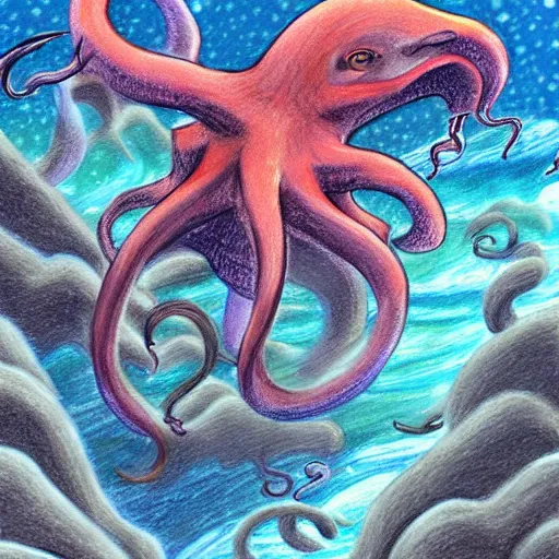 Prompt: coloured pencil drawing of a galion attacked by a giant octopus, rainy day an big waves. d & d, illustration, trending on artstation