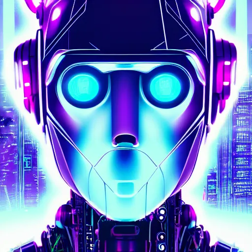 Prompt: Head of a robot with purple glowing eyes in cyberpunk neon Tokyo in style of Tsutomu Nihei. Cyberpunk, vertical symmetry, 8K, Highly Detailed, Intricate.