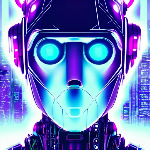 Image similar to Head of a robot with purple glowing eyes in cyberpunk neon Tokyo in style of Tsutomu Nihei. Cyberpunk, vertical symmetry, 8K, Highly Detailed, Intricate.