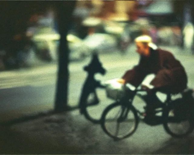 Image similar to a lomographic photo of a priest on bicycle, year 1 9 7 0, cinestill, bokeh, perfect light, high details, symetry, perfect high quality