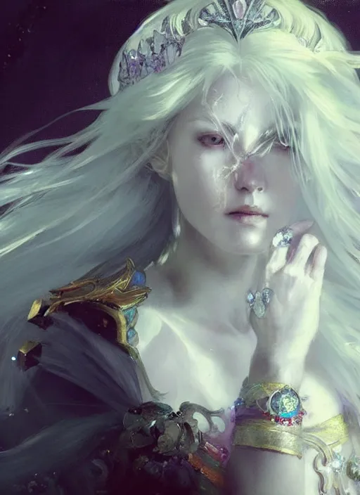 Image similar to a beatiful white haired princess, adorned with precious stone jewelry, intricate concept art, ethereal, ominous, dramatic lighting, Ruan Jia and Jeremy Mann and Alphonse Mucha