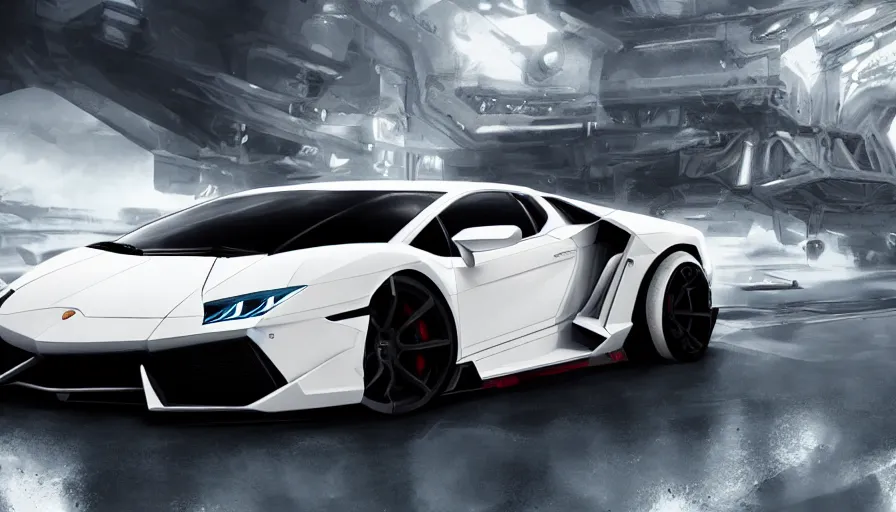 Image similar to concept art of white rollcage lamborghini, hyperdetailed, artstation, cgsociety, 8 k