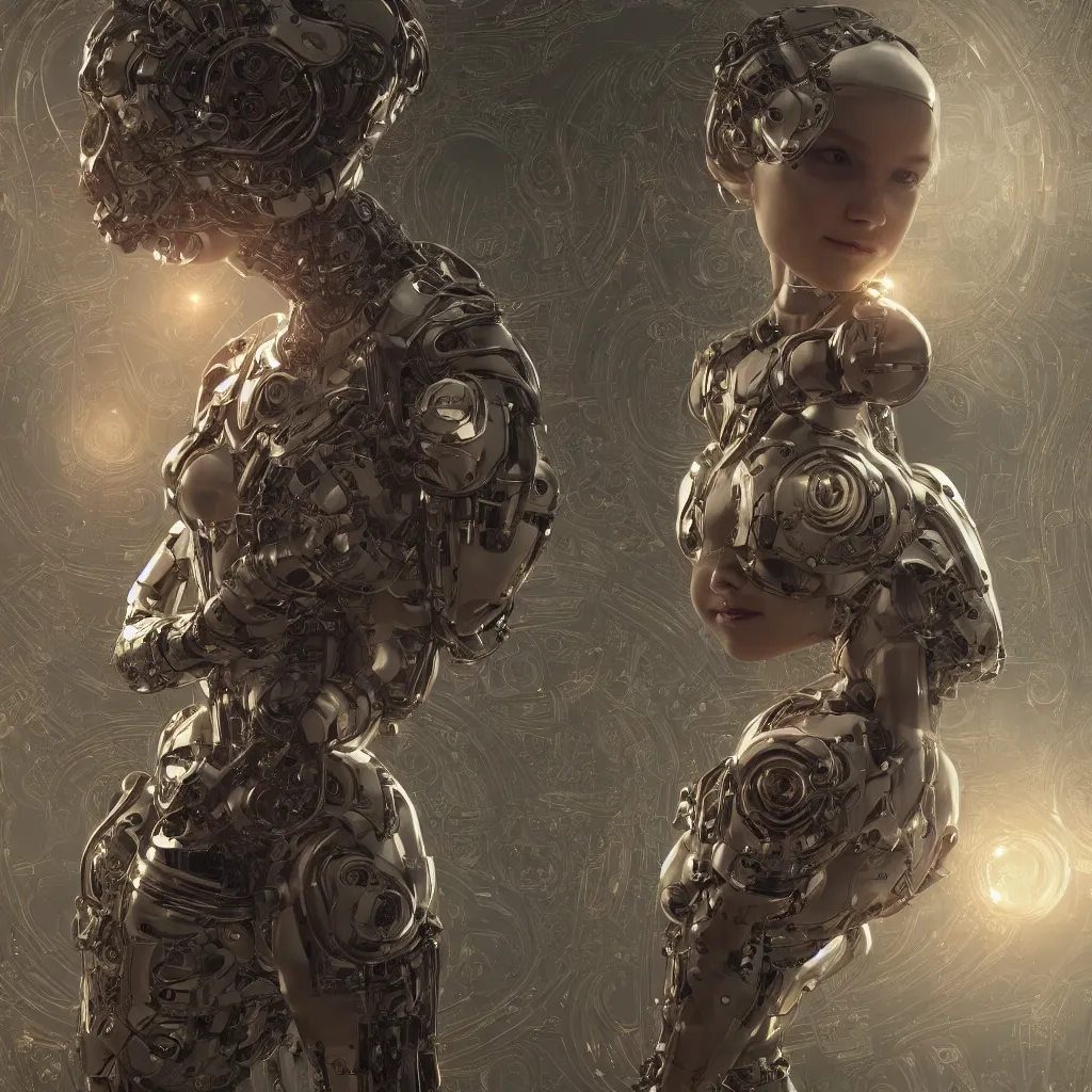 Image similar to a photo of a girl half robot, 3 d render 8 k shoot, volume light, cinematic light effect, super realistic, super wide angle, rococo ornament, cinematic, symmetrical ornament, decorative frame, by victo ngai, moebius, metal hurlant, akira, leon francois comerre, craig mullins, mucha, klimt, artstation