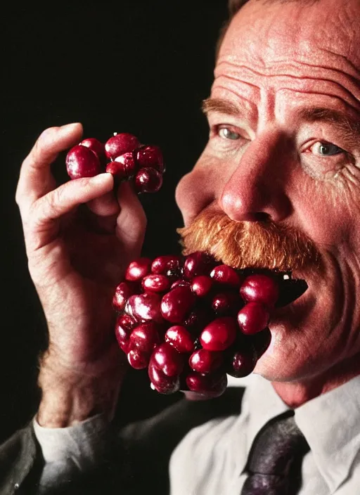 Prompt: portrait of bryan cranston at a cranberry eating contest, bulging cheeks eating cranberries, open mouth, hamster cheeks, studio light, bloom, detailed face, magazine, press, photo, steve mccurry, david lazar, canon, nikon, focus