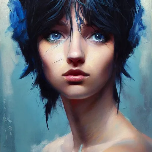 Prompt: a beautiful masterpiece painting of the last poet whispering,'if all can begin again, then everything must continue!'by juan gimenez, black hair blue eyes, award winning, trending on artstation