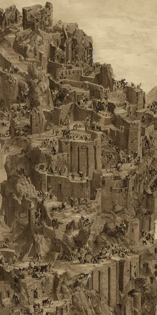 Prompt: a herd of goats climbing a tall citadel with tall towers and long stairs, beautiful, highly detailed
