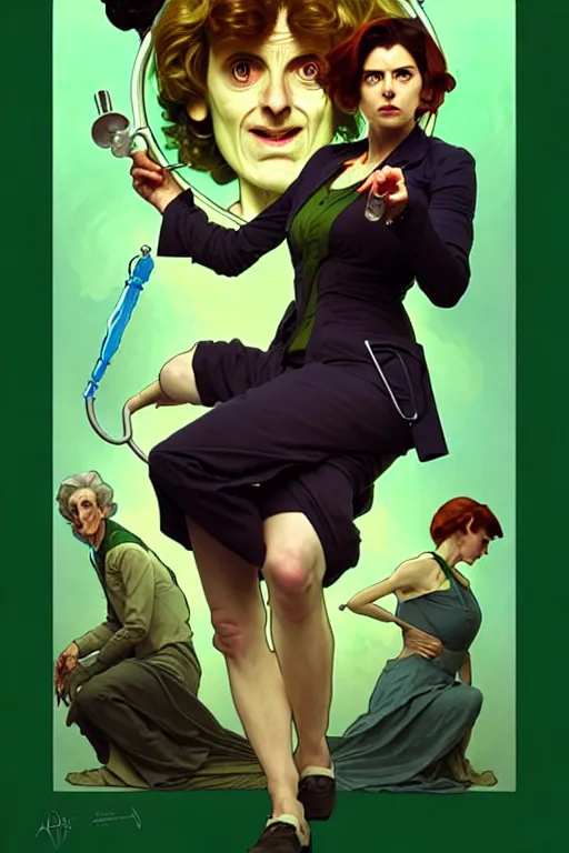 Image similar to doctor who, woman, as a mad dentist, on a plain green background, art by artgerm and greg rutkowski and alphonse mucha