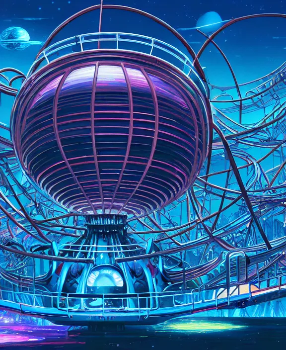 Image similar to a roller coaster made out of alien creatures, biological, in the style of a round spaceship, surrounded by auras, by dan mumford, yusuke murata, makoto shinkai, ross tran, cinematic, unreal engine, cel shaded, featured on artstation, pixiv