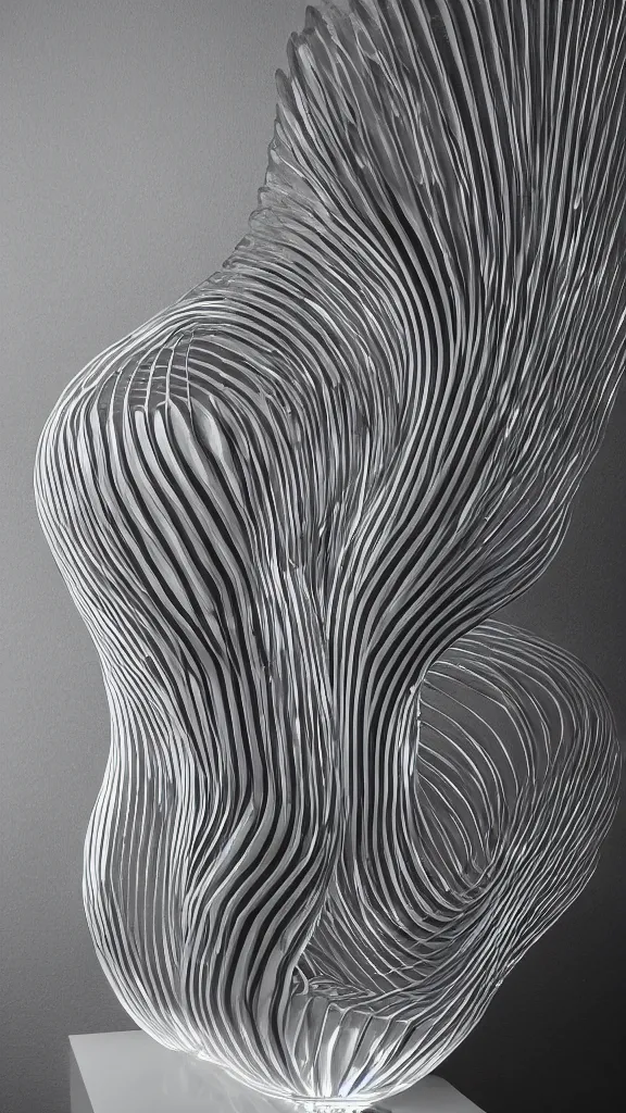 Prompt: a glass statue made of curves displayed in an empty black room