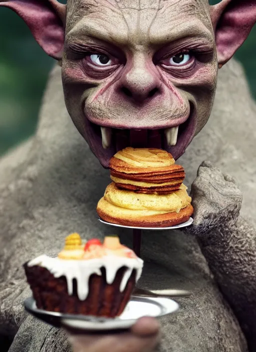 Image similar to closeup portrait of a medieval goblin eating cakes in the cloisters, depth of field, zeiss lens, detailed, symmetrical, centered, fashion photoshoot, by Annie Leibovitz and Steve McCurry, David Lazar, Jimmy Nelsson, Breathtaking, 8k resolution, extremely detailed, beautiful, establishing shot, artistic, hyperrealistic, beautiful face, octane render