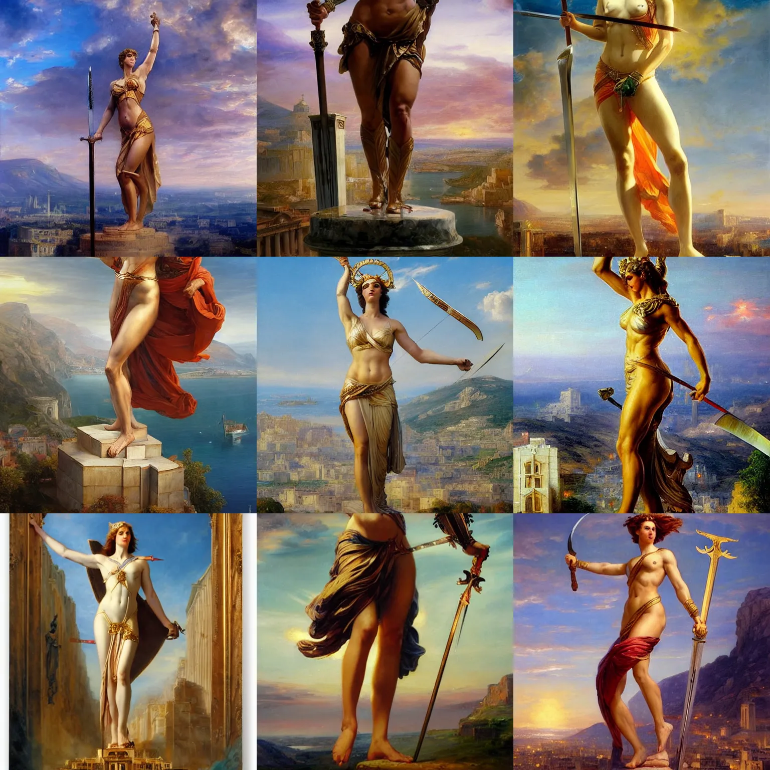 Prompt: greek titan goddess themis, full body, low point of view, entire body, holding scale, holding sword, distant view, towering over city, by vladimir volegov and alexander averin and delphin enjolras and daniel f. gerhartz